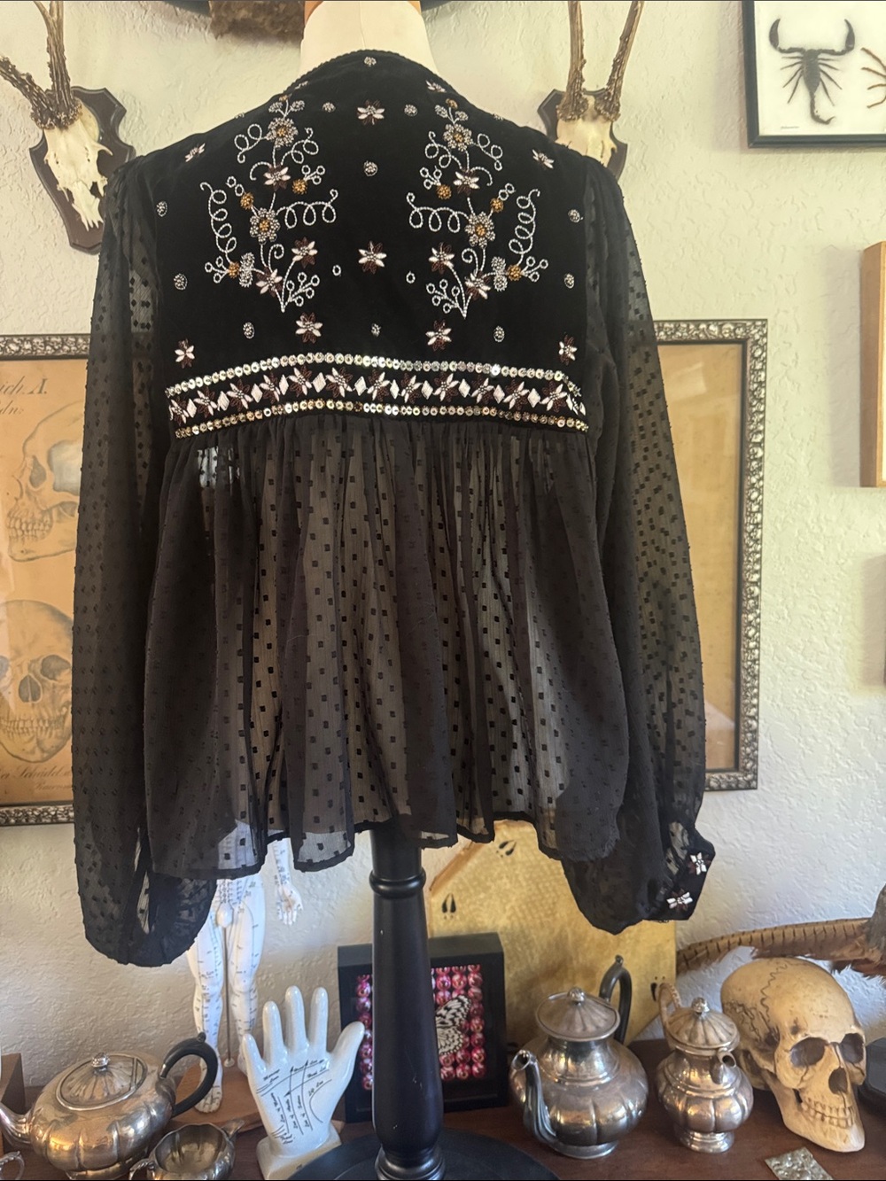 Forever 21 Black Embroidered Sheer Tie-Front Blouse - Picture 3 of 7
